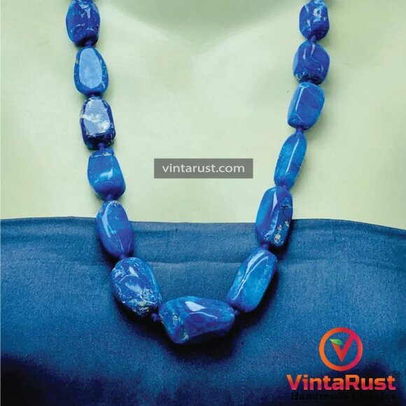 Handmade Lapis Lazuli Gemstone Necklace, Vintage Beaded Stone Necklace, - Picture 3 of 10